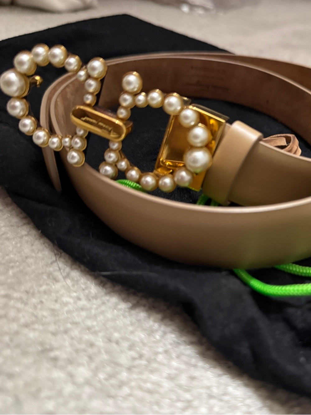 Salvatore Ferragamo Beige Leather Belt with Gold Pearl Double Gancini Buckle